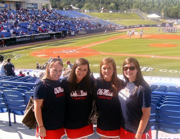 Diamond Girls on a Rebel Road Trip to the 2010 SEC Tournament in Hoover, Alabama. (From L-R) Casey McManus, Taylor West, Whitney Hodge, Alex Gibert (Photo courtesy of Whitney Hodge.)