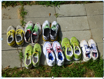 Different shoes for different things. Top row, left to right: 5km racing flat; 10km to ½ marathon racing flat; triathlon (sockless) racing shoe. Bottom row, l to r: track flat; heavy training shoe; bad weather training shoe; long distance training shoe.
