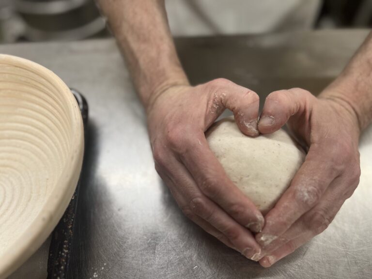Hands molding dough.