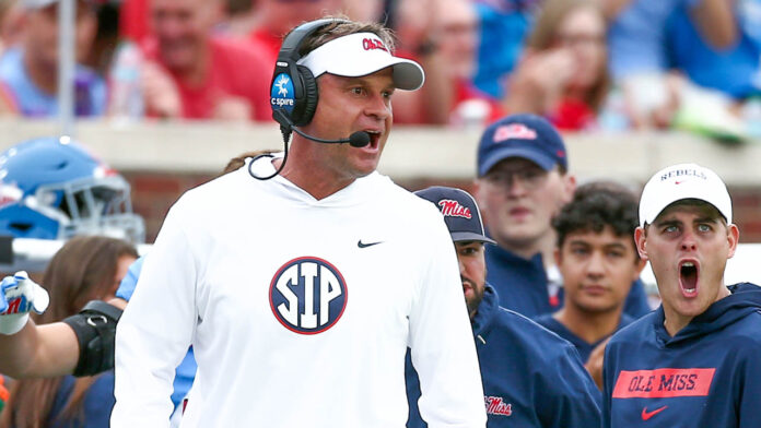 Rebels coach Lane Kiffin reacts during the second half against Kentucky
