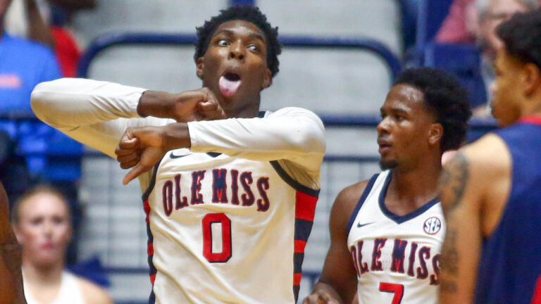 Rebels forward Malik Dia reacts after a traveling call during the first half against South Alabama