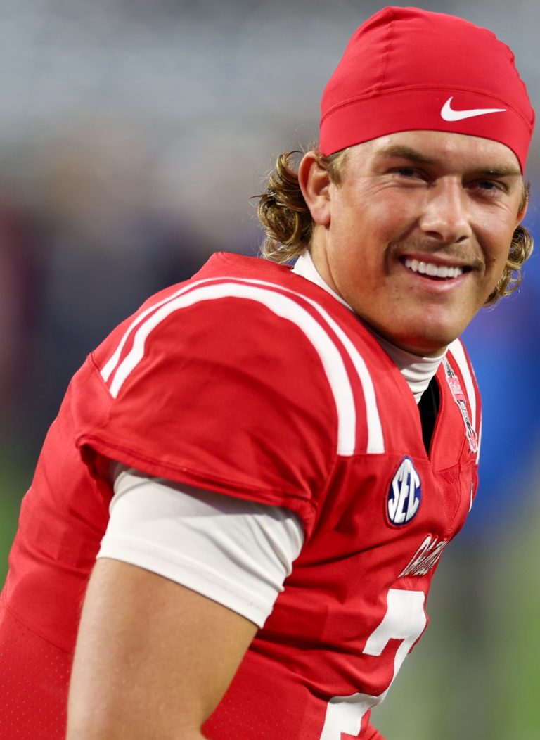 Ole Miss Rebels quarterback Jaxson Dart (2) warms up before the Gator Bowl against the Duke Blue Devils
