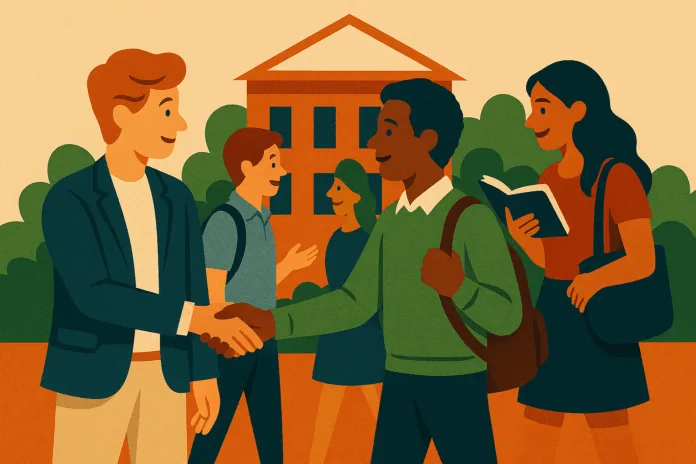 Illustration of college students outside a campus building, with two shaking hands, others conversing, and one holding an open book.