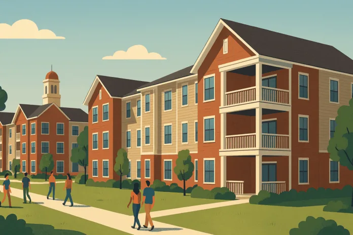 Illustrated scene of red-brick student housing near a university campus with walking paths, trees, and people on a sunny day.