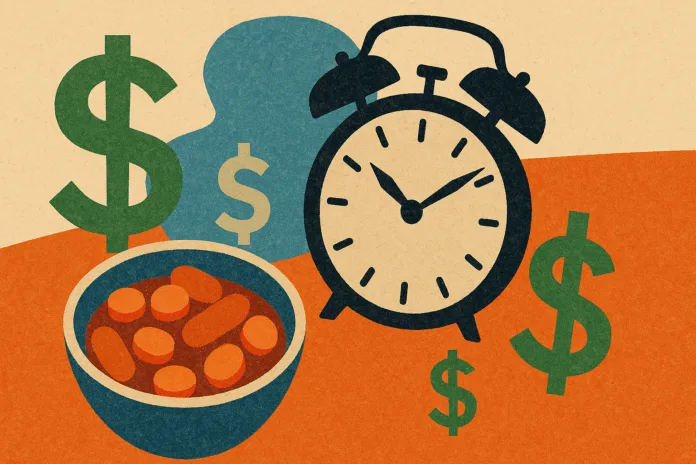 A textured 16x9 illustration showing a bowl of beanie weenies, a black alarm clock, and multiple green dollar signs, symbolizing frugality, timeliness, and financial responsibility.