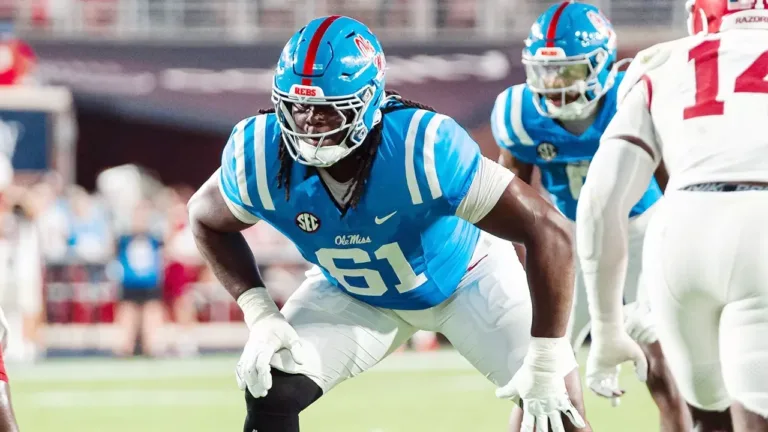 Ole Miss Rebels offensive lineman Diego Pounds during game with the Arkansas Razorbacks