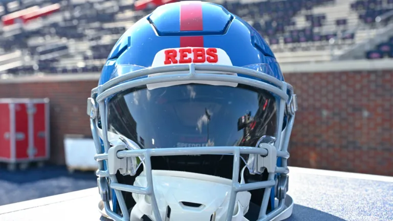 Ole Miss Rebels helmet before game with the Arkansas Razorbacks