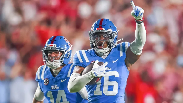 Ole Miss Rebels defensive back Wydette Williams runs downfield after recovering a fumble against the Arkansas Razorbacks