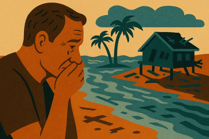 Illustration of a grieving man gazing at a storm-damaged coastal scene with a collapsed house on stilts, floodwaters, and palm trees under cloudy skies.