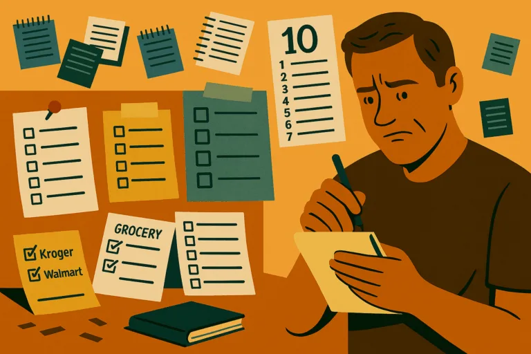 Illustration of a man writing on a notepad, surrounded by scattered checklists, sticky notes, and papers, symbolizing the overwhelming presence of lists.