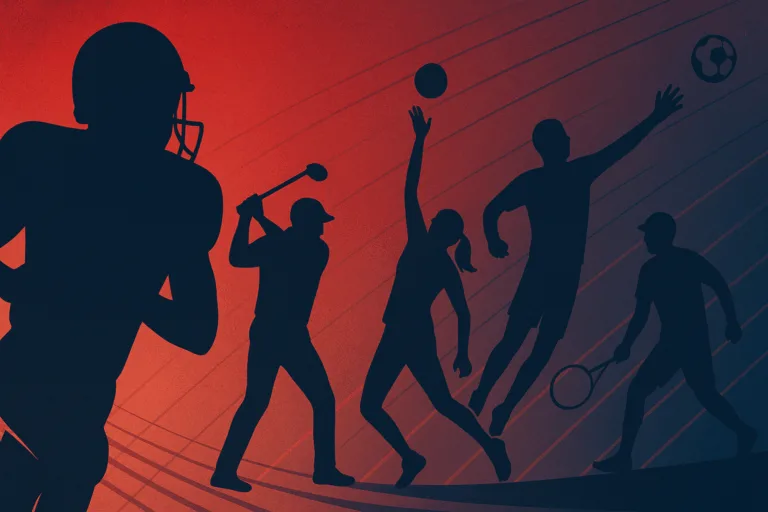 Silhouettes of Ole Miss Rebel athletes representing football, golf, volleyball, basketball, and tennis on a red and blue gradient background.