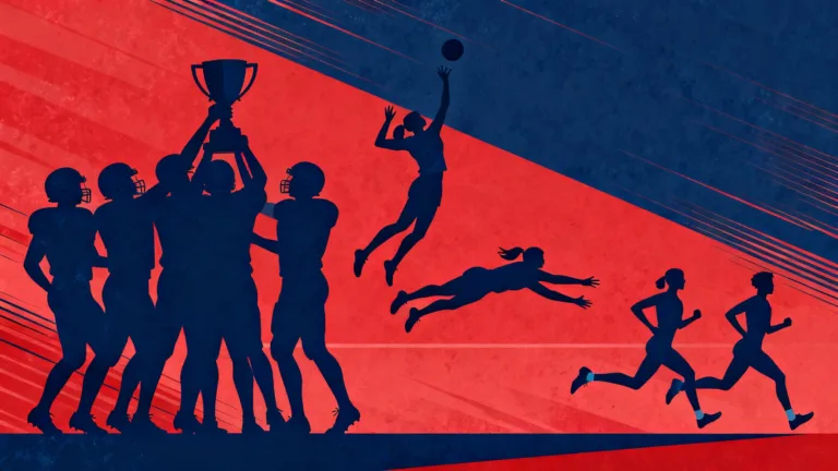Illustration in red and navy featuring Ole Miss athletes: football players hoisting a trophy, volleyball players in action, and cross-country runners racing.