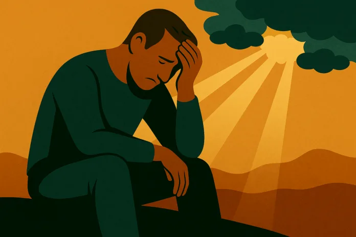 An illustration of a weary person sitting with head bowed, as sunlight breaks through clouds to symbolize rest and renewal.