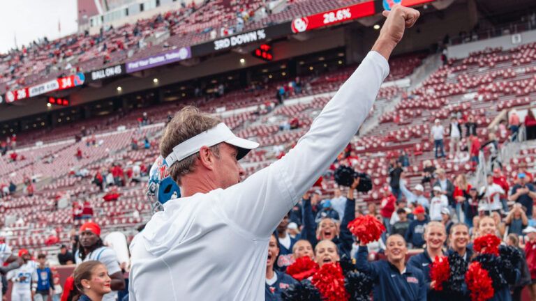 Ole Miss Rebels coach Lane Kiffin goes to the fans after win over the Oklahoma Sooners