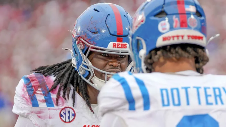 Ole Miss Rebels linebacker Princewill Umanmielen celebrates a stop in game against the Oklahoma Sooners