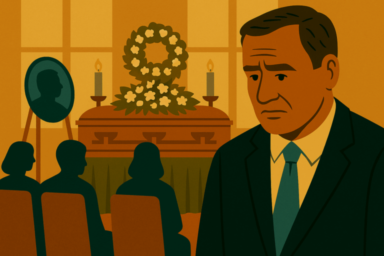 A man in a dark suit stands solemnly at a funeral beside a casket with a floral wreath and candles, surrounded by seated mourners.