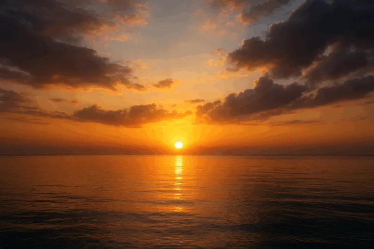 Sunrise over calm water representing peace and renewal after life’s struggles.