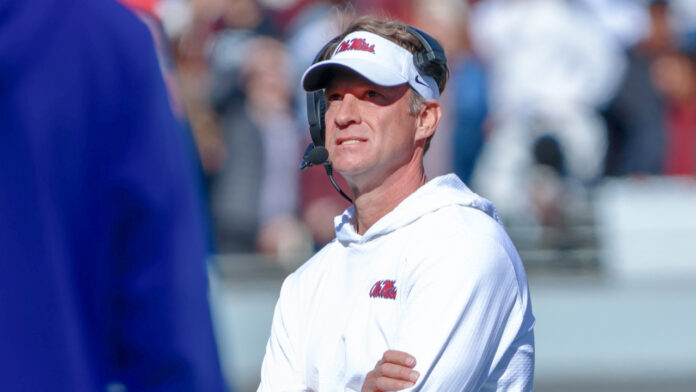 Ole Miss Rebels coach Lane Kiffin on the sidelines against the Mississippi State Bulldogs