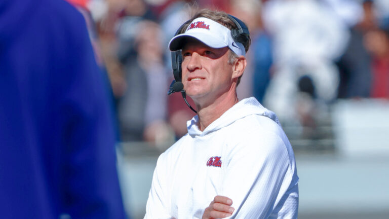 Ole Miss Rebels coach Lane Kiffin on the sidelines against the Mississippi State Bulldogs