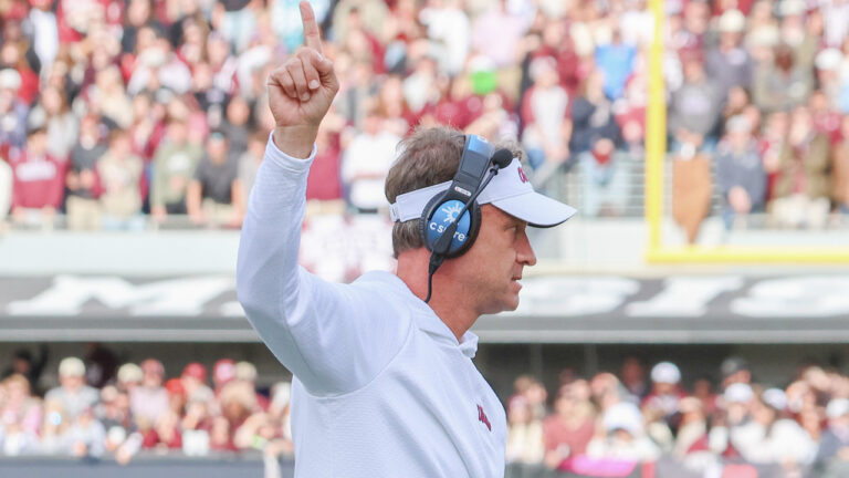 Ole Miss Rebels coach Lane Kiffin on the sidelines against the Mississippi State Bulldogs