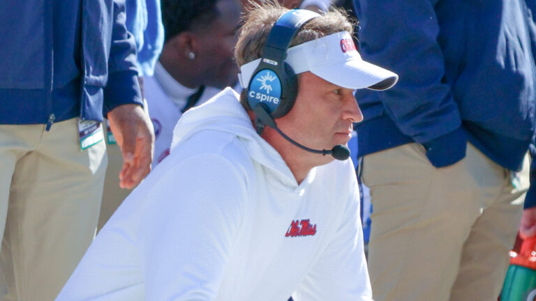 Ole Miss Rebels coach Lane Kiffin on the sidelines against the Mississippi State Bulldogs