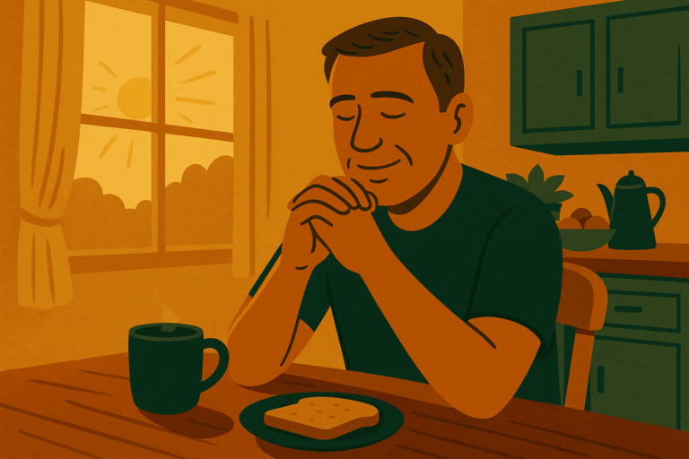 A middle-aged man sits at a kitchen table with his hands clasped and eyes closed in gratitude, with morning sunlight shining through the window behind him.