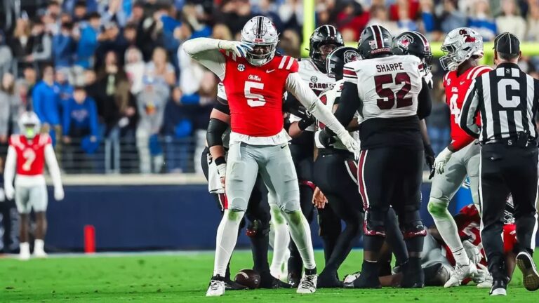 Ole Miss defensive end Kam Franklin celebrates after a play against South Carolina.
