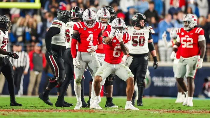 Ole Miss quarterback Trinidad Chambliss celebrates a first down against South Carolina.