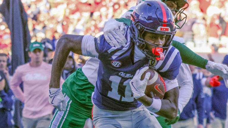 Ole Miss Rebels wide receiver Deuce Alexander after making a catch during College Football Playoff game against the Tulane Green Wave