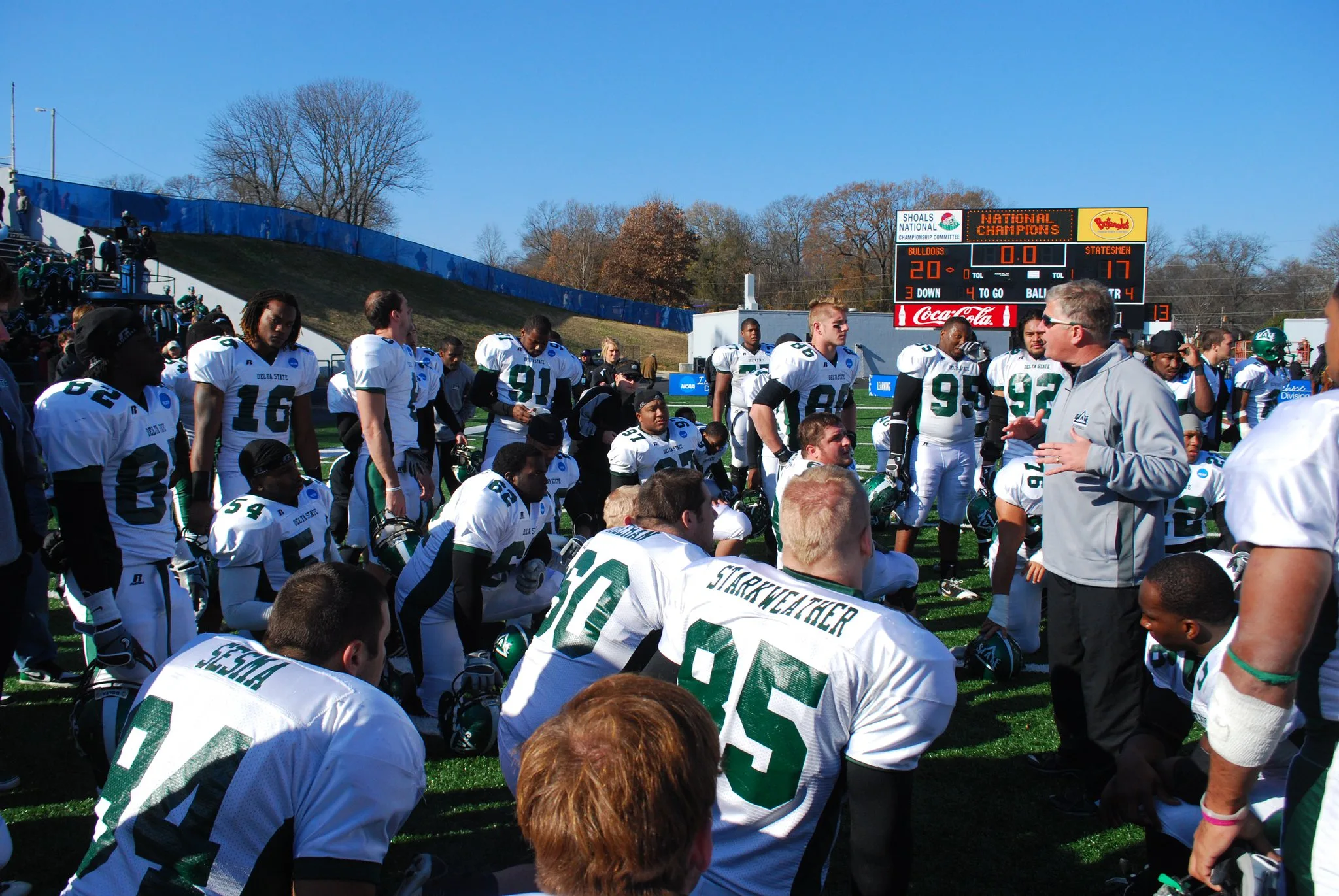 Delta State head coach Ron Roberts talking his team after a last-second loss in the NCAA Division II national title game. | Photo by Taylor Hodges