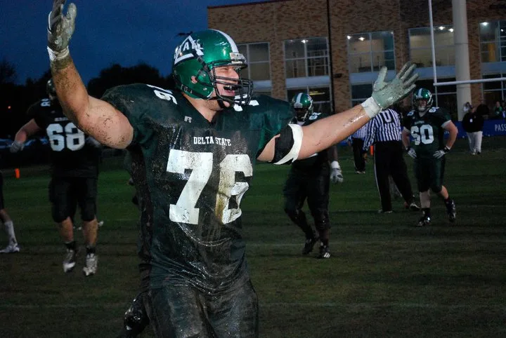 Delta State players celebrating after the 2010 NCAA Division II semifinal game.