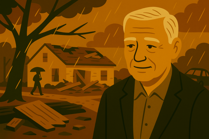 Elderly man stands calmly in front of a storm-damaged house as rain falls, with debris and a person holding an umbrella in the background.