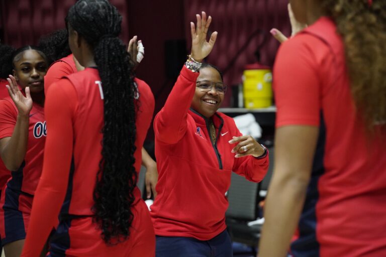Ole Miss coach Yolett McPhee-McCuin celebrates Sunday's win against Old Dominion. | Ole Miss Athletics