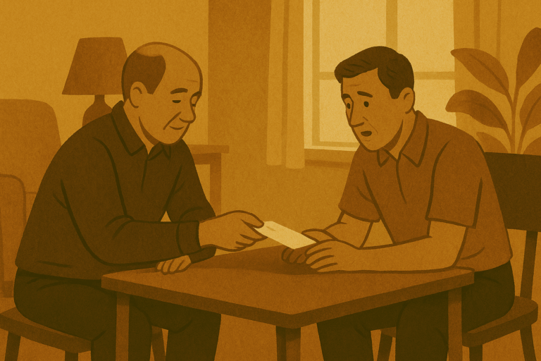A warm, textured 16x9 illustration of two men sitting at a small table in a simple living room or church foyer. One man, humble and quiet in posture, passes an envelope or small gift discreetly across the table. The other man looks surprised and grateful. Soft light, muted tones, no words, no faces overly detailed.