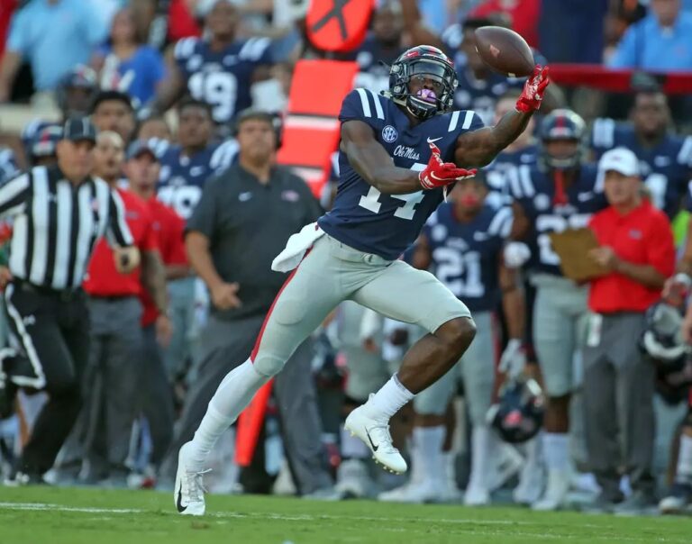 Ole Miss wide receiver DK Metcalf makes a catch against Alabama during the 2018 season. | Ole Miss Athletics