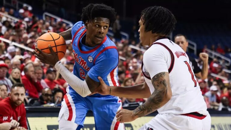Ole Miss senior guard AJ Storr looks for an opening against NC State. | Ole Miss Athletics