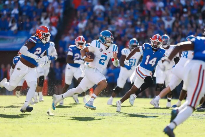 Ole Miss Football during a game against Florida at Ben Hill Griffin Stadium in Gainesville, FL on November 23rd, 2024. | Photo by Hannah White/Ole Miss Athletics