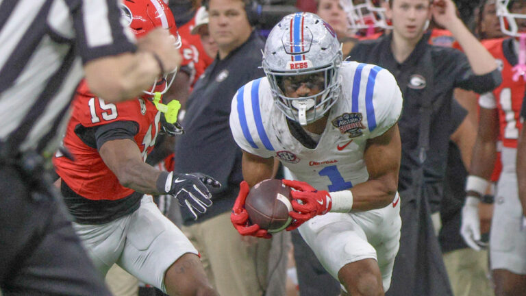 Ole Miss Rebels wide receiver De'Zhuan Stribling runs up field against the Georgia Bulldogs in the Sugar Bowl
