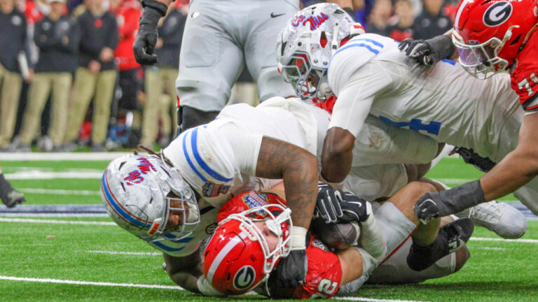 Ole Miss Rebels Kam Franklin on Georgia quarterback Gunner Stockton