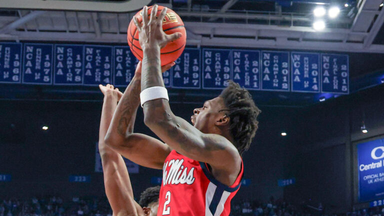 Ole Miss guard AJ Storr puts up one of his 14 field goals during a 72-63 loss to Kentucky