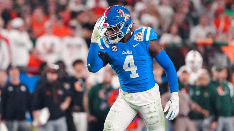 Ole Miss linebacker Suntarine Perkins celebrates a sack in the Fiesta Bowl. | Ole Miss Athletics