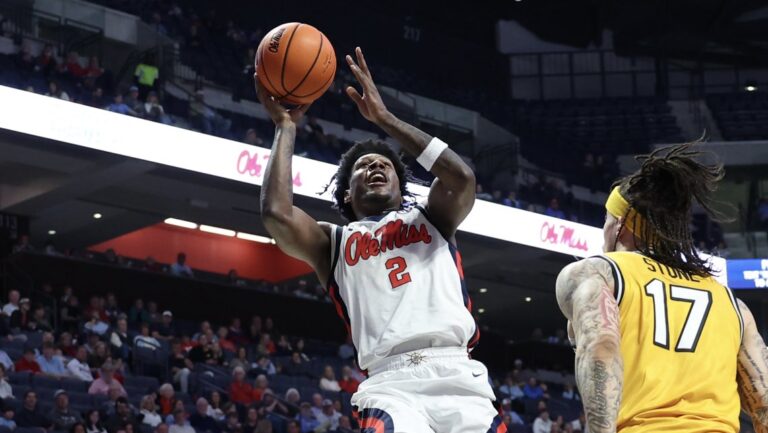 Ole Miss guard AJ Storr puts up a shot against Missouri in Saturday's SEC basketball game in Oxford. | Ole Miss Athletics