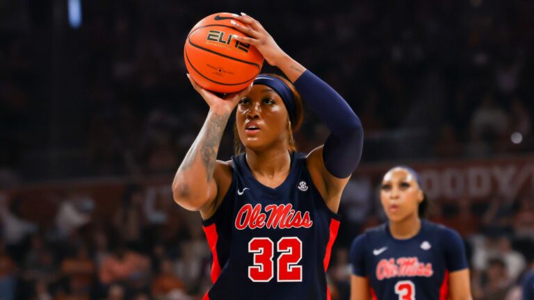 Ole Miss senior guard Cotie McMahon lines up a free throw attempt in Sunday's game against No. 2 Texas. | Ole Miss Athletics