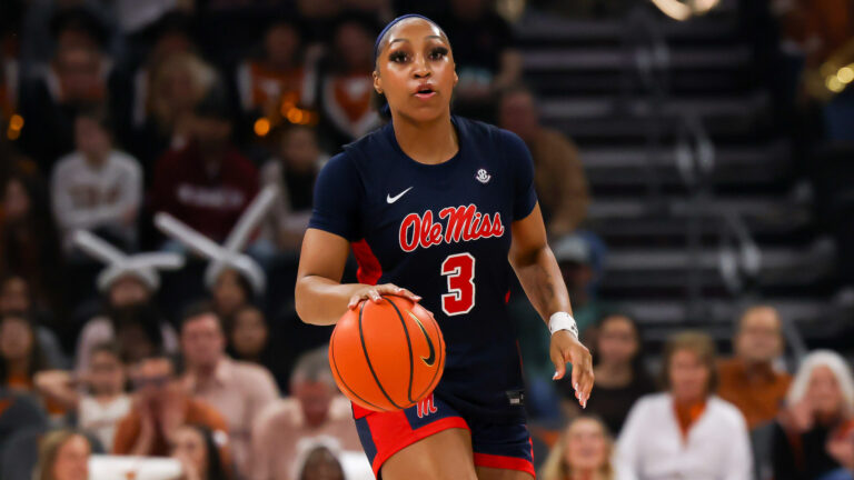 Ole Miss senior Kaitlin Peterson dribbles the ball during the Rebels' game against Texas. | Ole Miss Athletics