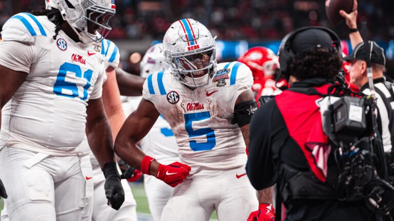 Ole Miss running back Kewan Lacy celebrates a touchdown in the CFP quarterfinal game against Georgia. | Ole Miss Athletics