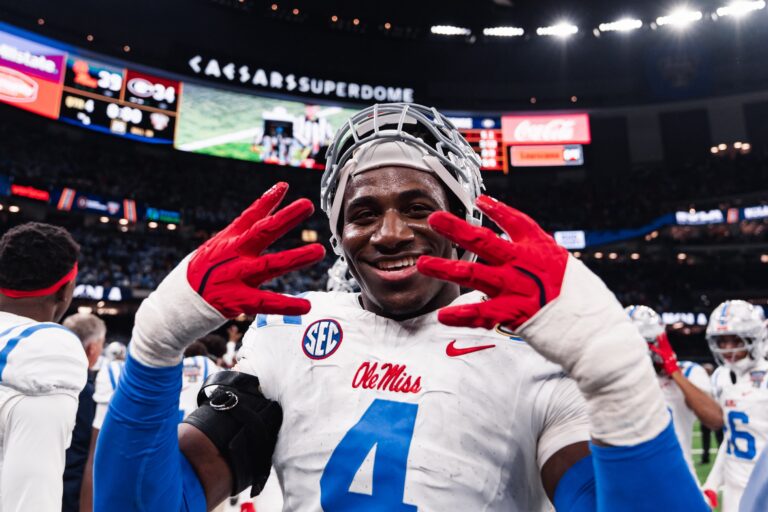 Ole Miss linebacker Suntarine Perkins celebrates a 39-34 win against Georgia in a CFP quarterfinal game in New Orleans. | Ole Miss Athletics