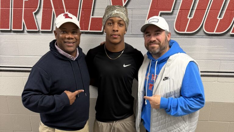 Ole Miss running backs coach Frank Wilson, left, Ruston safety Jayden Anding and Ole Miss head coach Pete Golding on Friday in Louisiana. | Photo Credit: Jayden Anding/X