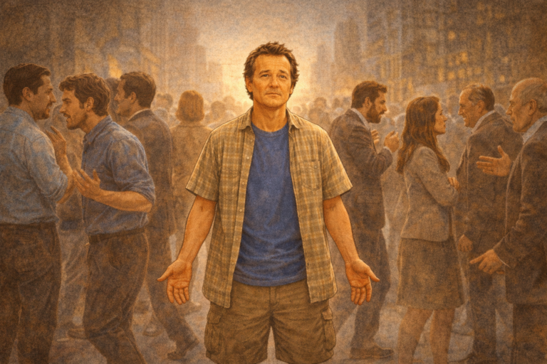 A man stands calmly at the center of a divided crowd, hands open, as people around him argue and turn away from one another.