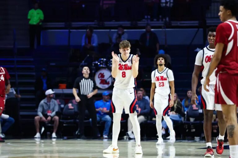 Ole Miss Men's Basketball during the game against Arkansas at The SJB Pavilion at Ole Miss in Oxford, MS on January 7, 2026. | Photo by Hailey Austin/Ole Miss Athletics.