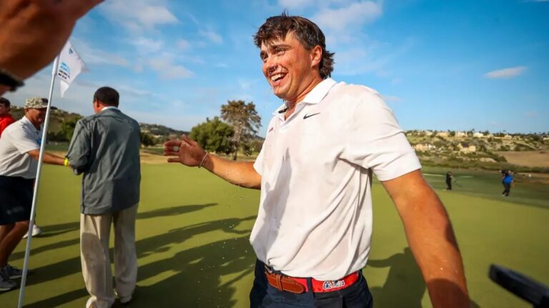 Ole Miss golfer Michael La Sasso celebrates a one-shot win to claim the NCAA Individual Championship last spring. | Ole Miss Athletics